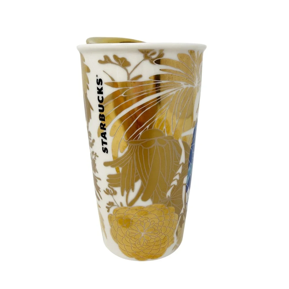 Starbucks 2014 Ceramic Beetle Flower‎ Traveler Dot Collection with Gold Lid